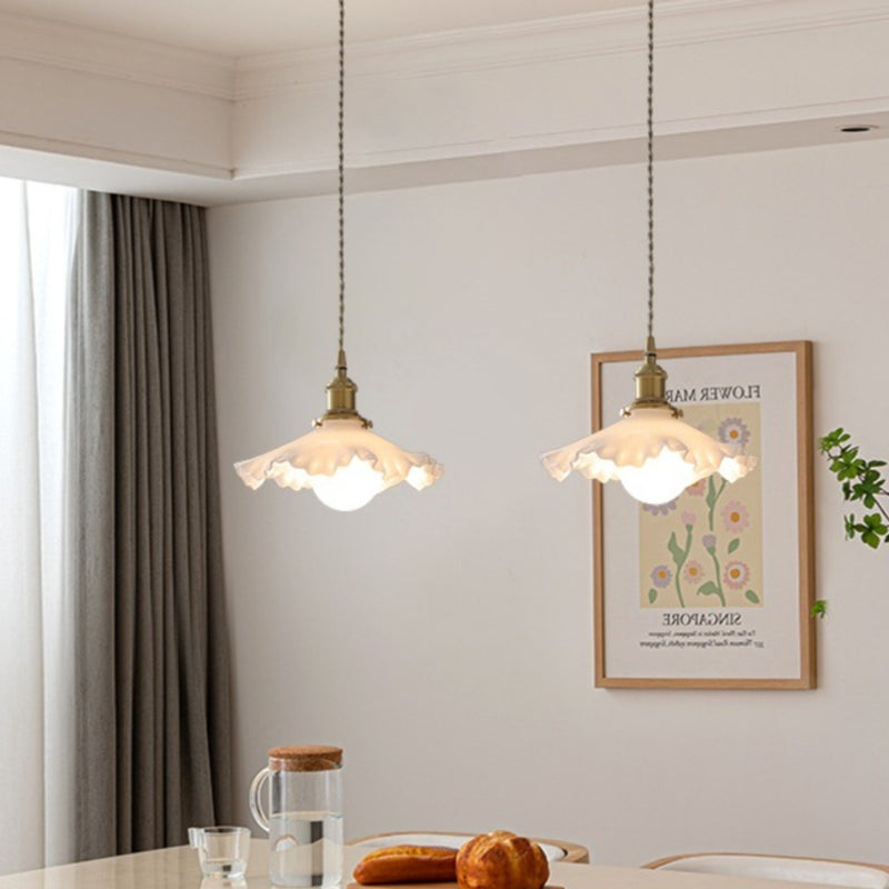 Traditional French Brass Glass Flower-Shaped 1-Light Pendant Light For Bedroom & Living Room