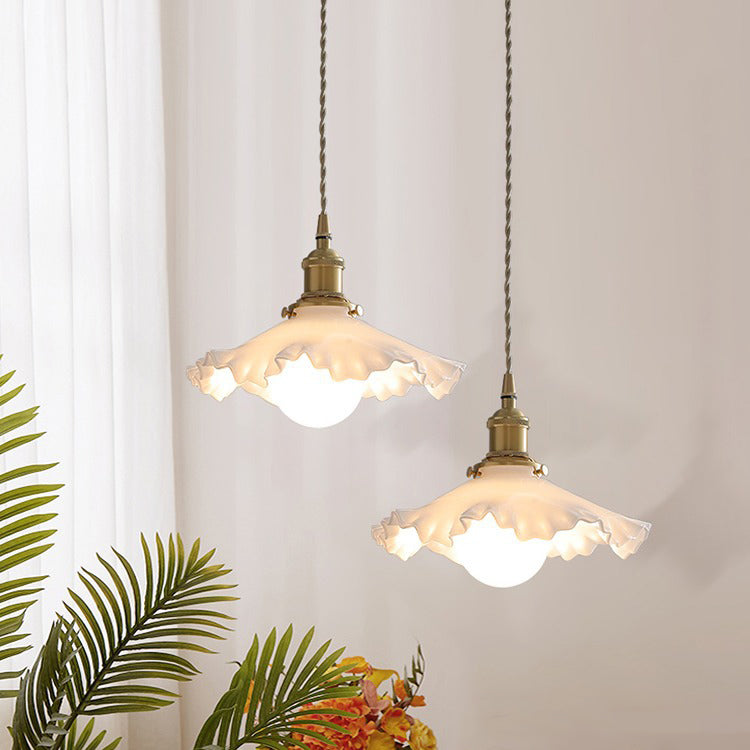 Traditional French Brass Glass Flower-Shaped 1-Light Pendant Light For Bedroom & Living Room