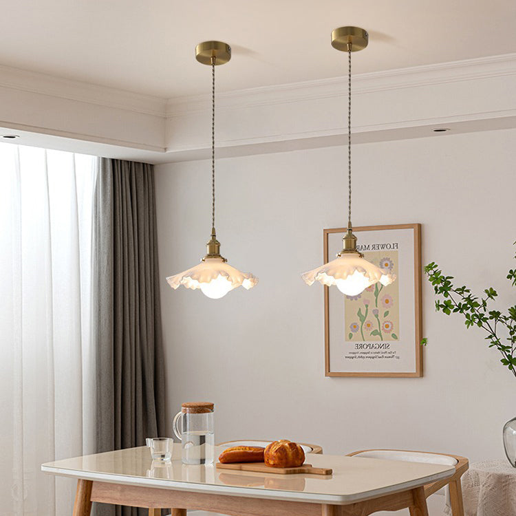 Traditional French Brass Glass Flower-Shaped 1-Light Pendant Light For Bedroom & Living Room