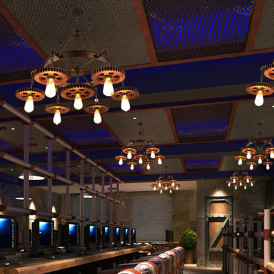 Traditional Rustic Iron & Wood Circular Gear 3/7-Light Chandelier For Restaurant
