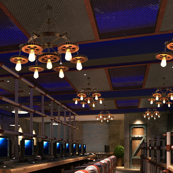 Traditional Rustic Iron & Wood Circular Gear 3/7-Light Chandelier For Restaurant