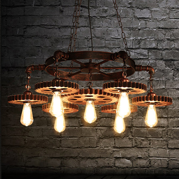 Traditional Rustic Iron & Wood Circular Gear 3/7-Light Chandelier For Restaurant