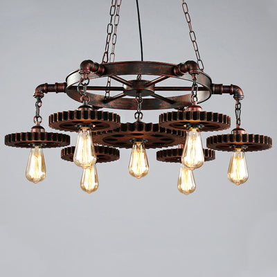Traditional Rustic Iron & Wood Circular Gear 3/7-Light Chandelier For Restaurant
