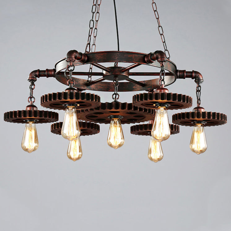 Traditional Rustic Iron & Wood Circular Gear 3/7-Light Chandelier For Restaurant