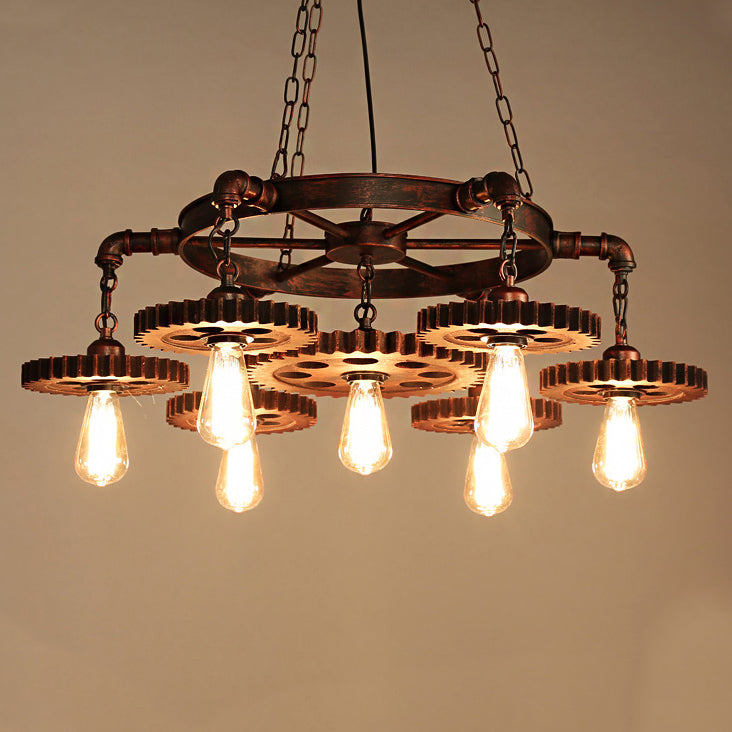 Traditional Rustic Iron & Wood Circular Gear 3/7-Light Chandelier For Restaurant