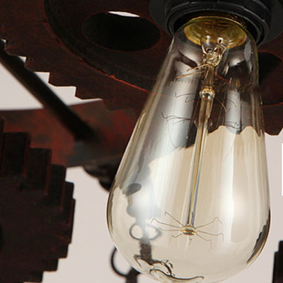Traditional Rustic Iron & Wood Circular Gear 3/7-Light Chandelier For Restaurant