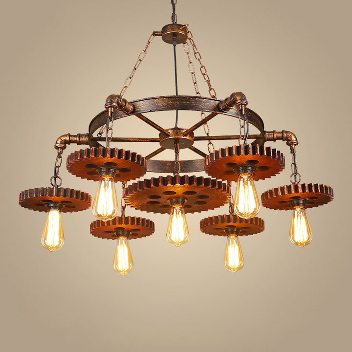 Traditioneller rustikaler Eisen- und Holz-Kronleuchter mit 3/7 Lichtern im Zahnrad-Design für Restaurants 