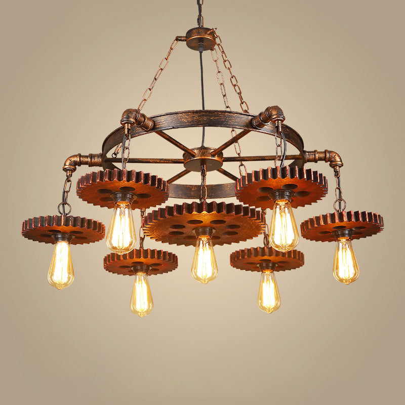 Traditional Rustic Iron & Wood Circular Gear 3/7-Light Chandelier For Restaurant