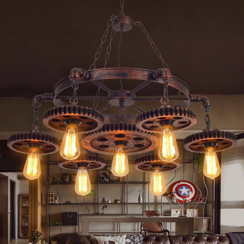 Traditioneller rustikaler Eisen- und Holz-Kronleuchter mit 3/7 Lichtern im Zahnrad-Design für Restaurants 