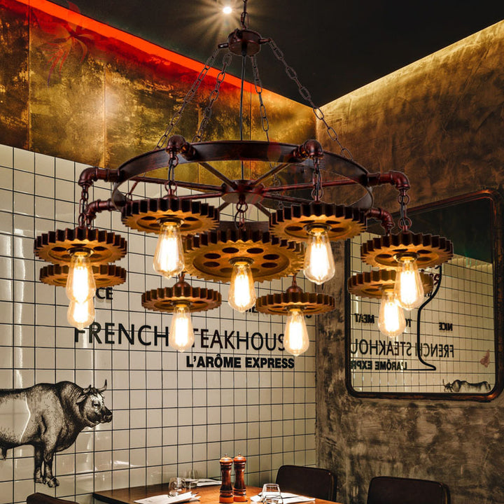 Traditioneller rustikaler Eisen- und Holz-Kronleuchter mit 3/7 Lichtern im Zahnrad-Design für Restaurants 