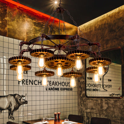 Traditional Rustic Iron & Wood Circular Gear 3/7-Light Chandelier For Restaurant
