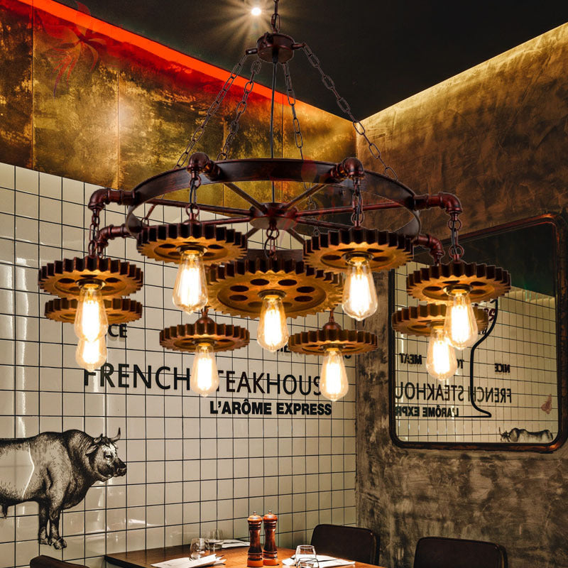 Traditional Rustic Iron & Wood Circular Gear 3/7-Light Chandelier For Restaurant