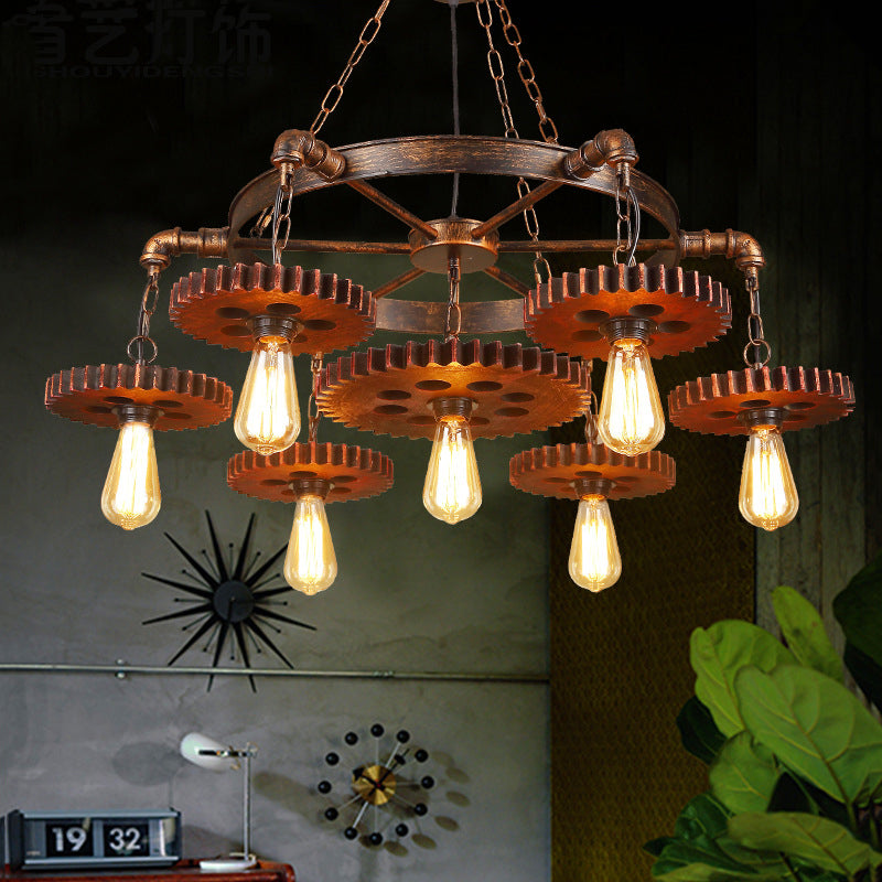 Traditional Rustic Iron & Wood Circular Gear 3/7-Light Chandelier For Restaurant