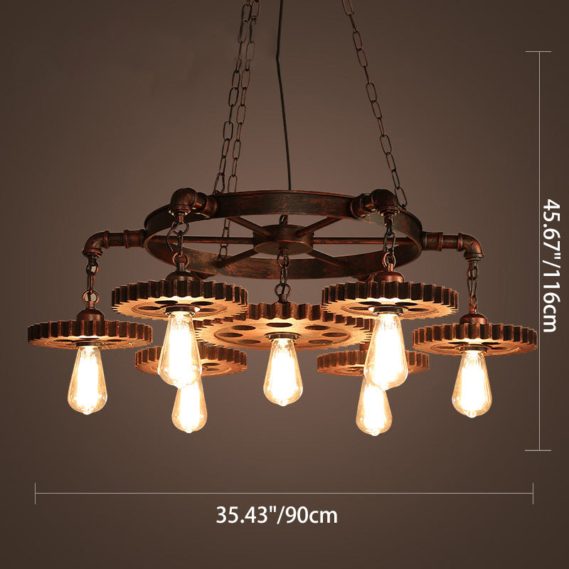 Traditional Rustic Iron & Wood Circular Gear 3/7-Light Chandelier For Restaurant