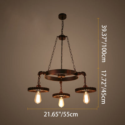 Traditional Rustic Iron & Wood Circular Gear 3/7-Light Chandelier For Restaurant