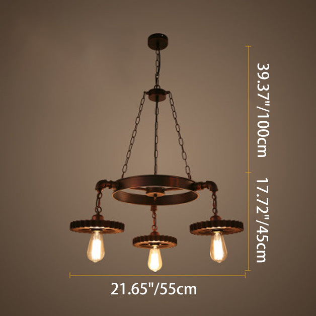 Traditional Rustic Iron & Wood Circular Gear 3/7-Light Chandelier For Restaurant