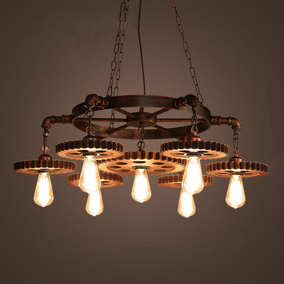 Traditional Rustic Iron & Wood Circular Gear 3/7-Light Chandelier For Restaurant