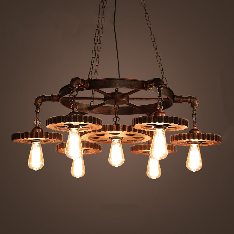 Traditional Rustic Iron & Wood Circular Gear 3/7-Light Chandelier For Restaurant