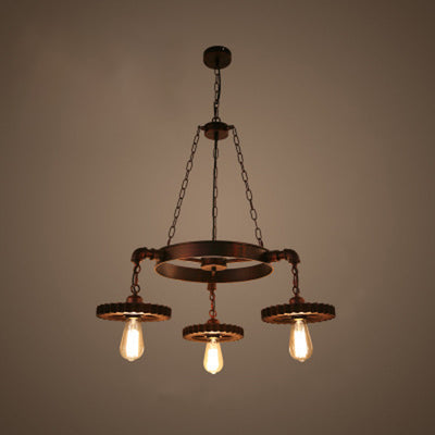 Traditional Rustic Iron & Wood Circular Gear 3/7-Light Chandelier For Restaurant