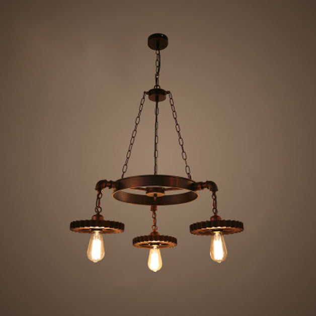 Traditional Rustic Iron & Wood Circular Gear 3/7-Light Chandelier For Restaurant