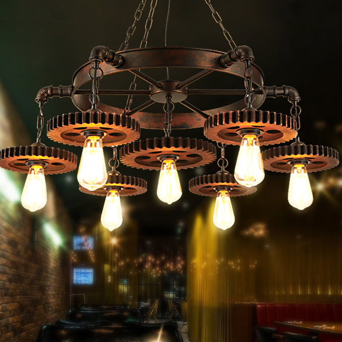 Traditional Rustic Iron & Wood Circular Gear 3/7-Light Chandelier For Restaurant