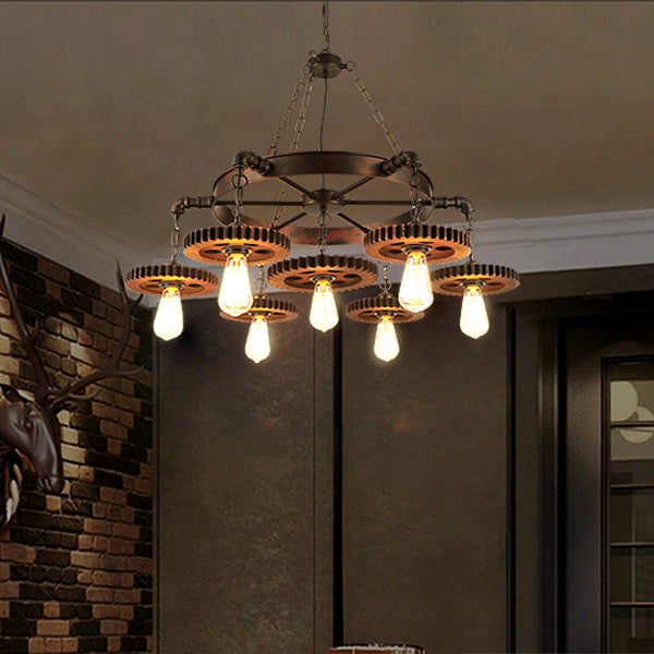 Traditional Rustic Iron & Wood Circular Gear 3/7-Light Chandelier For Restaurant
