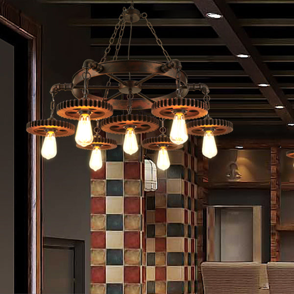 Traditional Rustic Iron & Wood Circular Gear 3/7-Light Chandelier For Restaurant