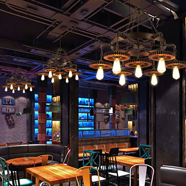 Traditional Rustic Iron & Wood Circular Gear 3/7-Light Chandelier For Restaurant