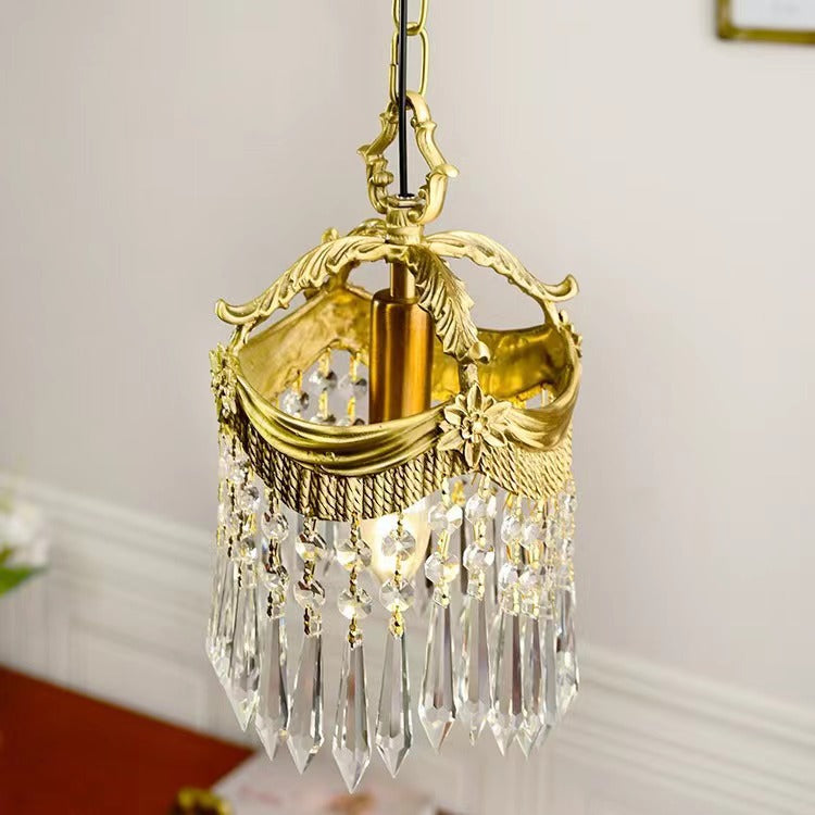 Traditionelle französische Kupfer- &amp; Kristall-Rundquaste 1-Licht-Pendelleuchte für Schlafzimmer &amp; Wohnzimmer 