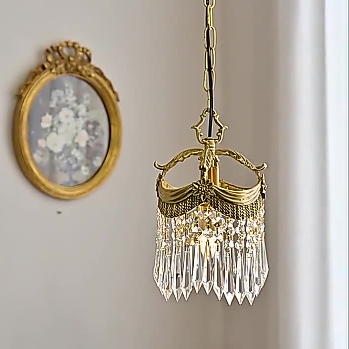 Traditionelle französische Kupfer- &amp; Kristall-Rundquaste 1-Licht-Pendelleuchte für Schlafzimmer &amp; Wohnzimmer 