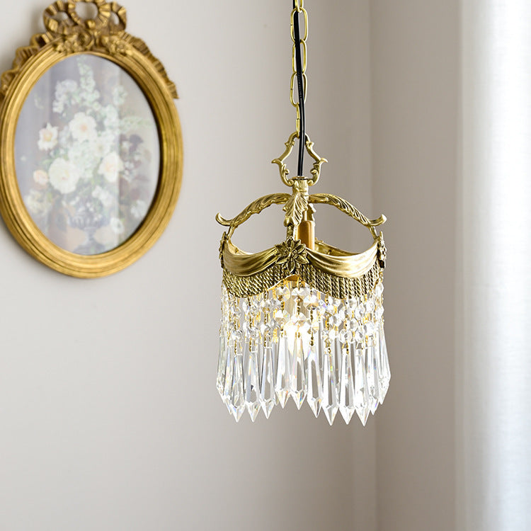 Traditionelle französische Kupfer- &amp; Kristall-Rundquaste 1-Licht-Pendelleuchte für Schlafzimmer &amp; Wohnzimmer 