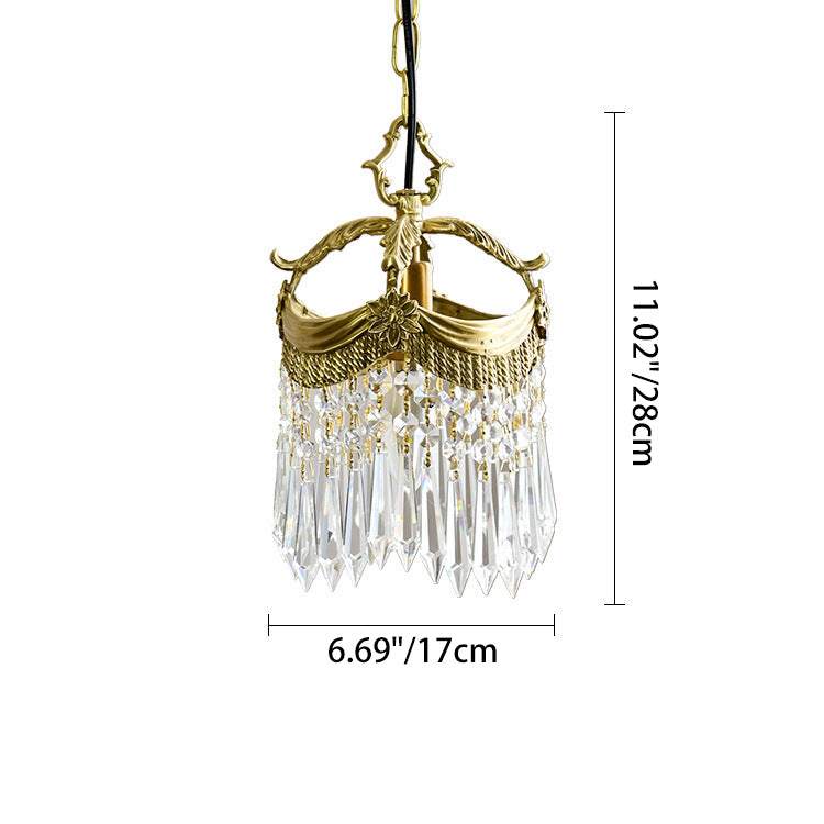 Traditional French Copper & Crystal Round Tassel 1-Light Pendant Light For Bedroom & Living Room