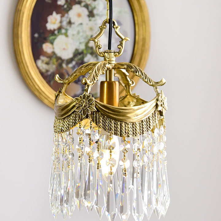 Traditionelle französische Kupfer- &amp; Kristall-Rundquaste 1-Licht-Pendelleuchte für Schlafzimmer &amp; Wohnzimmer 
