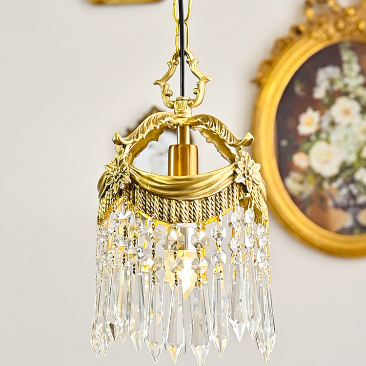 Traditional French Copper & Crystal Round Tassel 1-Light Pendant Light For Bedroom & Living Room