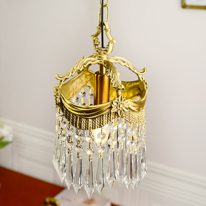 Traditionelle französische Kupfer- &amp; Kristall-Rundquaste 1-Licht-Pendelleuchte für Schlafzimmer &amp; Wohnzimmer 