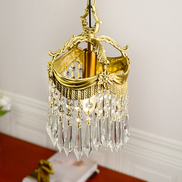 Traditional French Copper & Crystal Round Tassel 1-Light Pendant Light For Bedroom & Living Room