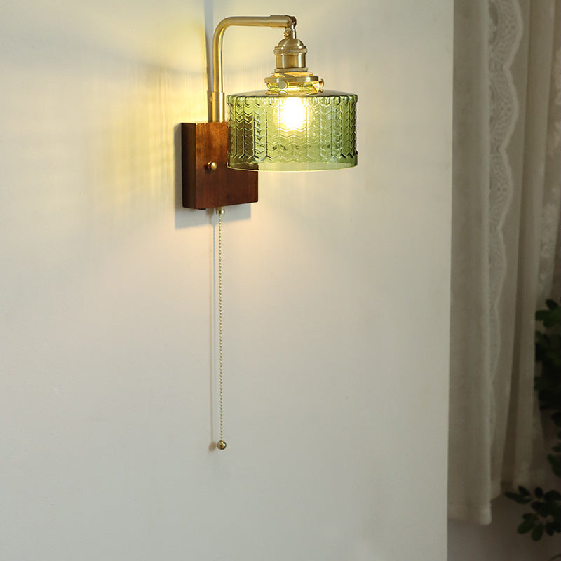 Traditional Japanese Copper Wood Glass Cylinder 1-Light Wall Sconce Lamp For Bedroom & Living Room