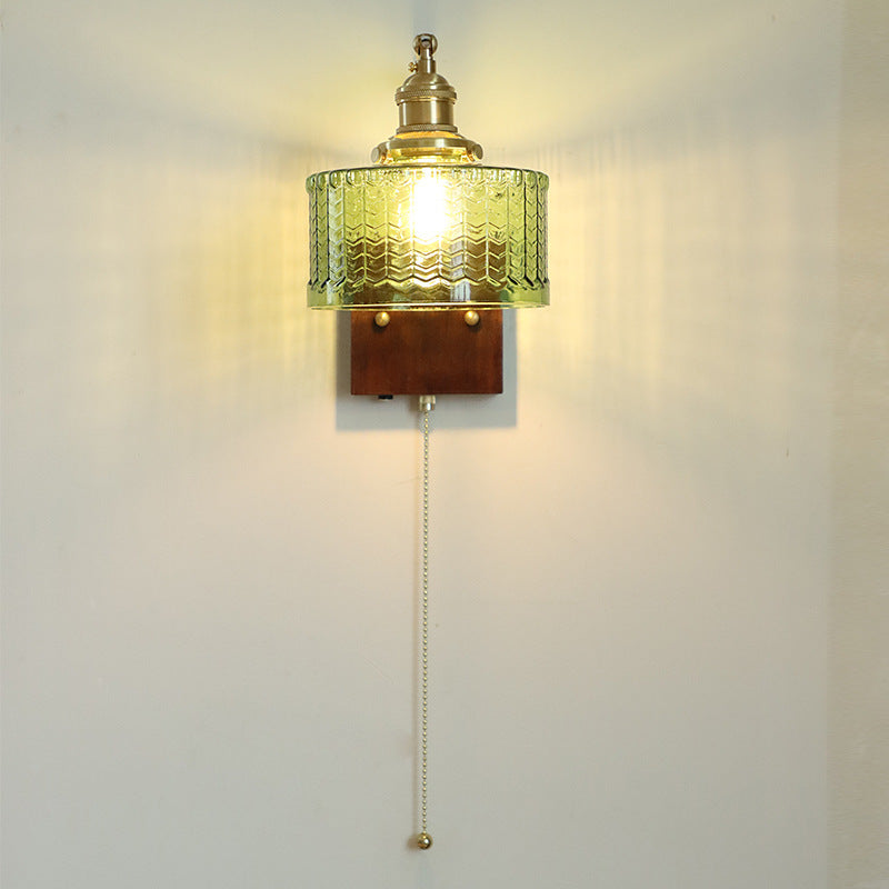 Traditional Japanese Copper Wood Glass Cylinder 1-Light Wall Sconce Lamp For Bedroom & Living Room