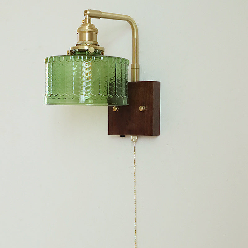 Traditional Japanese Copper Wood Glass Cylinder 1-Light Wall Sconce Lamp For Bedroom & Living Room