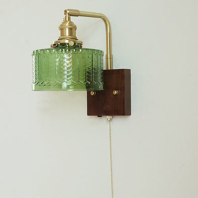 Traditional Japanese Copper Wood Glass Cylinder 1-Light Wall Sconce Lamp For Bedroom & Living Room