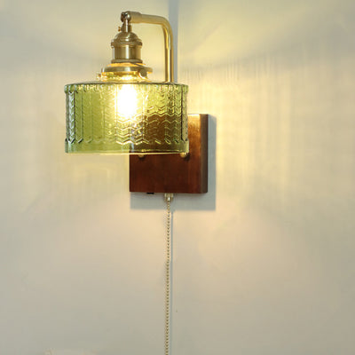 Traditional Japanese Copper Wood Glass Cylinder 1-Light Wall Sconce Lamp For Bedroom & Living Room