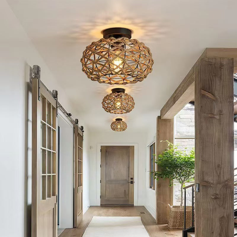 Traditional Rustic Iron &amp; Rattan Woven Round 1-Light Semi-Flush Mount Ceiling Light For Bedroom &amp; Living Room