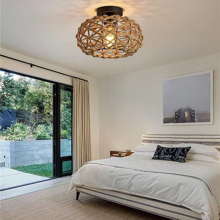 Traditional Rustic Iron &amp; Rattan Woven Round 1-Light Semi-Flush Mount Ceiling Light For Bedroom &amp; Living Room