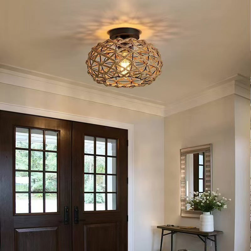 Traditional Rustic Iron &amp; Rattan Woven Round 1-Light Semi-Flush Mount Ceiling Light For Bedroom &amp; Living Room