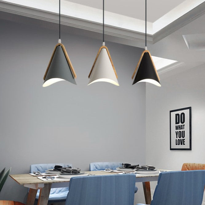Contemporary Nordic Wood & Iron Conical 1-Light Adjustable Pendant Light For Bedroom & Living Room