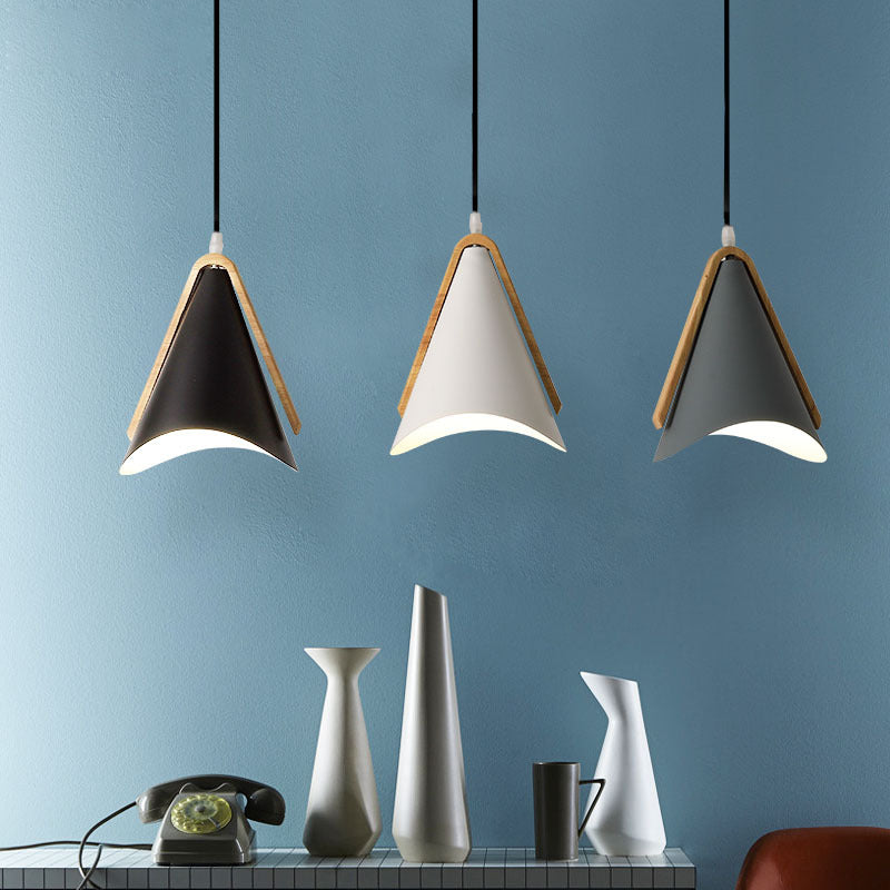 Contemporary Nordic Wood & Iron Conical 1-Light Adjustable Pendant Light For Bedroom & Living Room