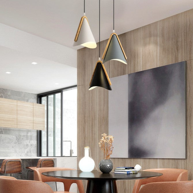 Contemporary Nordic Wood & Iron Conical 1-Light Adjustable Pendant Light For Bedroom & Living Room