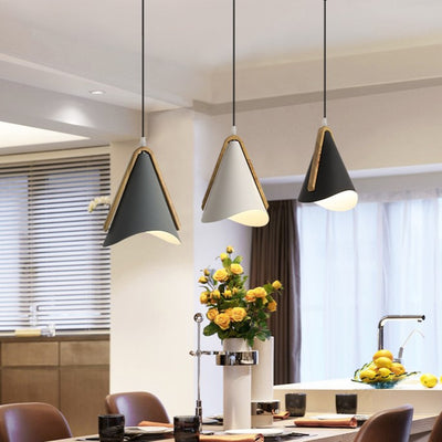 Contemporary Nordic Wood & Iron Conical 1-Light Adjustable Pendant Light For Bedroom & Living Room