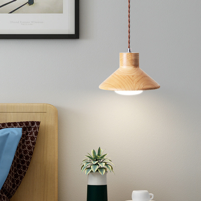 Traditional Japanese Wood Conical 1-Light Pendant Light For Bedroom &amp; Living Room