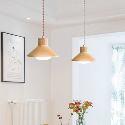 Traditional Japanese Wood Conical 1-Light Pendant Light For Bedroom & Living Room